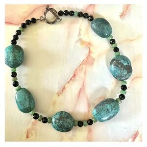 Sterling silver turquoise jade and onyx chunky artisan necklace